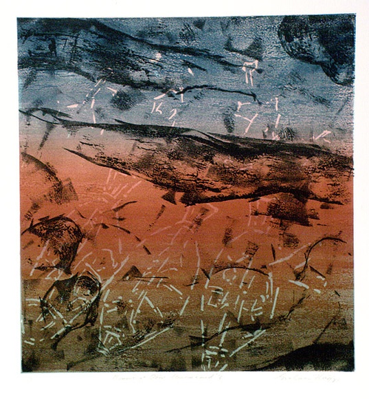 Artist: b'King, Grahame.' | Title: b'Monument at Obiri, Arnhem Land V' | Date: 1981 | Technique: b'lithograph, printed in colour, from multiple stones [or plates]'