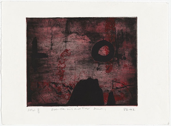 Artist: b'Danaher, Suzanne.' | Title: b'Over the hill and far away' | Date: 1992, December | Technique: b'etching and aquatint, printed in black and red ink, from three plates' Artist: b'Danaher, Suzanne.' | Title: b'Over the hill and far away' | Date: 1992, December | Technique: b'etching and aquatint, printed in black and red ink, from three plates'