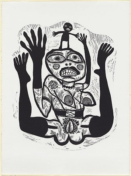 Artist: b'HANRAHAN, Barbara' | Title: b'Woman and herself' | Date: 1986 | Technique: b'linocut, printed in black ink, from one block' Artist: b'HANRAHAN, Barbara' | Title: b'Woman and herself' | Date: 1986 | Technique: b'linocut, printed in black ink, from one block'