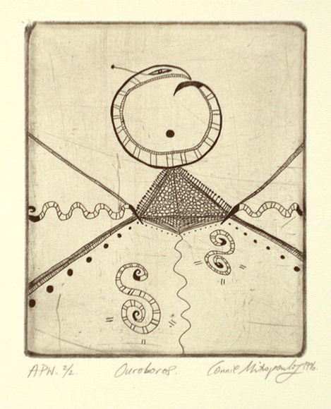 Artist: b'MITROPOULOS, Connie' | Title: b'Ouroboros' | Date: 1996, July/August | Technique: b'etching, printed in black ink, from one plate' Artist: b'MITROPOULOS, Connie' | Title: b'Ouroboros' | Date: 1996, July/August | Technique: b'etching, printed in black ink, from one plate'