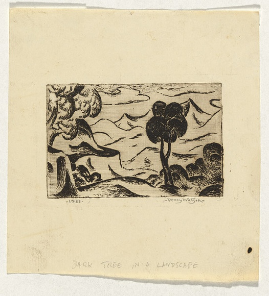Artist: b'Watson, Percy.' | Title: b'(Dark tree in a landscape)' | Date: 1953 | Technique: b'etching, printed in black ink, from one plate' Artist: b'Watson, Percy.' | Title: b'(Dark tree in a landscape)' | Date: 1953 | Technique: b'etching, printed in black ink, from one plate'