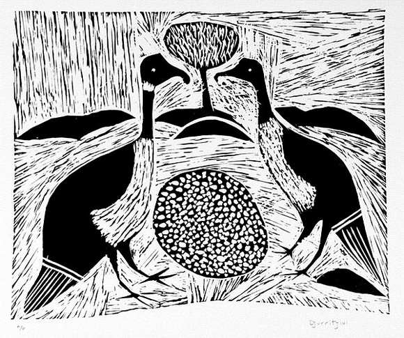 Artist: b'Djurritjini, Charlie.' | Title: b'Magpie geese nesting' | Date: c.1992 | Technique: b'linocut, printed in black ink, from one block' Artist: b'Djurritjini, Charlie.' | Title: b'Magpie geese nesting' | Date: c.1992 | Technique: b'linocut, printed in black ink, from one block'