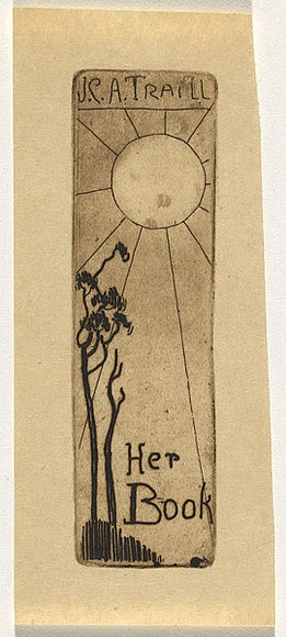 Artist: b'Traill, Jessie.' | Title: b'Bookplate: JCA Traill - her book' | Date: 1930s | Technique: b'drypoint, printed in brown ink, with plate-tone, from one plate' Artist: b'Traill, Jessie.' | Title: b'Bookplate: JCA Traill - her book' | Date: 1930s | Technique: b'drypoint, printed in brown ink, with plate-tone, from one plate'