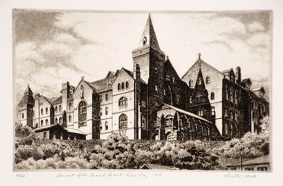 Artist: b'PLATT, Austin' | Title: b'Convent of the Sacred Heart, Rose Bay' | Date: 1936 | Technique: b'etching, printed in black ink, from one plate' Artist: b'PLATT, Austin' | Title: b'Convent of the Sacred Heart, Rose Bay' | Date: 1936 | Technique: b'etching, printed in black ink, from one plate'