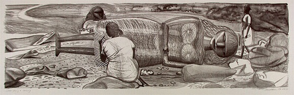 Artist: b'McMahon, Marie.' | Title: b'Sisters doing a carving' | Date: 1990 | Technique: b'lithograph, printed in black ink, from one stone' | Copyright: b'\xc2\xa9 Marie McMahon. Licensed by VISCOPY, Australia' Artist: b'McMahon, Marie.' | Title: b'Sisters doing a carving' | Date: 1990 | Technique: b'lithograph, printed in black ink, from one stone' | Copyright: b'\xc2\xa9 Marie McMahon. Licensed by VISCOPY, Australia'