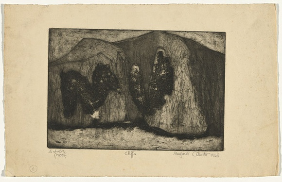Artist: b'Cilento, Margaret.' | Title: b'Cliffs.' | Date: 1948 | Technique: b'etching, aquatint printed in black ink with plate-tone, from one plate' Artist: b'Cilento, Margaret.' | Title: b'Cliffs.' | Date: 1948 | Technique: b'etching, aquatint printed in black ink with plate-tone, from one plate'