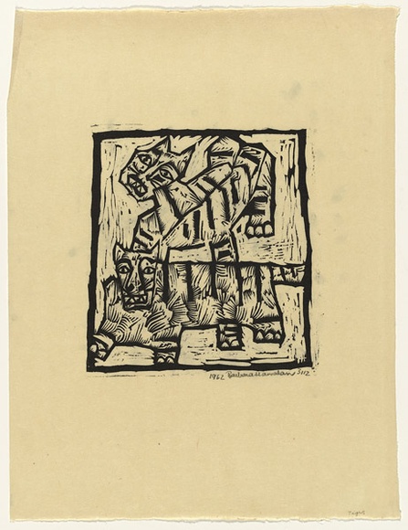 Artist: b'HANRAHAN, Barbara' | Title: b'Tigers' | Date: 1962 | Technique: b'linocut, printed in black ink, from one block' Artist: b'HANRAHAN, Barbara' | Title: b'Tigers' | Date: 1962 | Technique: b'linocut, printed in black ink, from one block'