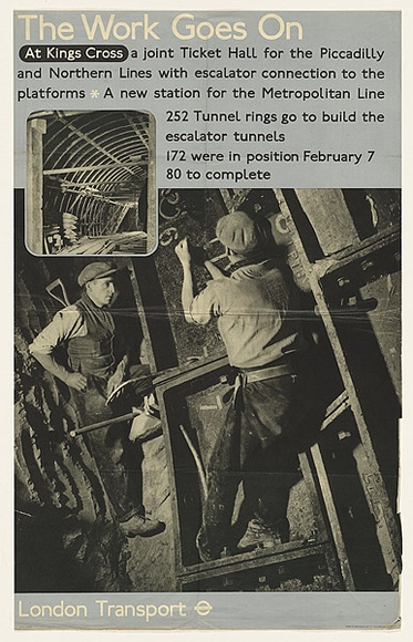 Artist: b'Beck, Richard.' | Title: b'The work goes on - at Kings Cross.' | Date: c.1938 | Technique: b'lithograph, printed in colour, from multiple plates' Artist: b'Beck, Richard.' | Title: b'The work goes on - at Kings Cross.' | Date: c.1938 | Technique: b'lithograph, printed in colour, from multiple plates'