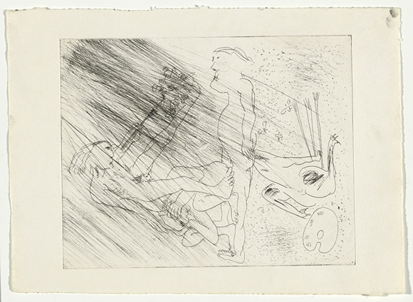 Artist: b'BOYD, Arthur' | Title: b'(Three figures with beast and palette).' | Date: c.1969 | Technique: b'etching, printed in black ink, from one plate' | Copyright: b'Reproduced with permission of Bundanon Trust' Artist: b'BOYD, Arthur' | Title: b'(Three figures with beast and palette).' | Date: c.1969 | Technique: b'etching, printed in black ink, from one plate' | Copyright: b'Reproduced with permission of Bundanon Trust'