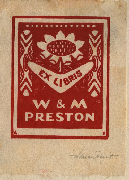 Artist: b'FEINT, Adrian' | Title: b'Ex libris W & M Preston' | Date: (1927) | Technique: b'wood-engraving, printed in red ink, from one block' | Copyright: b'Courtesy the Estate of Adrian Feint' Artist: b'FEINT, Adrian' | Title: b'Ex libris W & M Preston' | Date: (1927) | Technique: b'wood-engraving, printed in red ink, from one block' | Copyright: b'Courtesy the Estate of Adrian Feint'