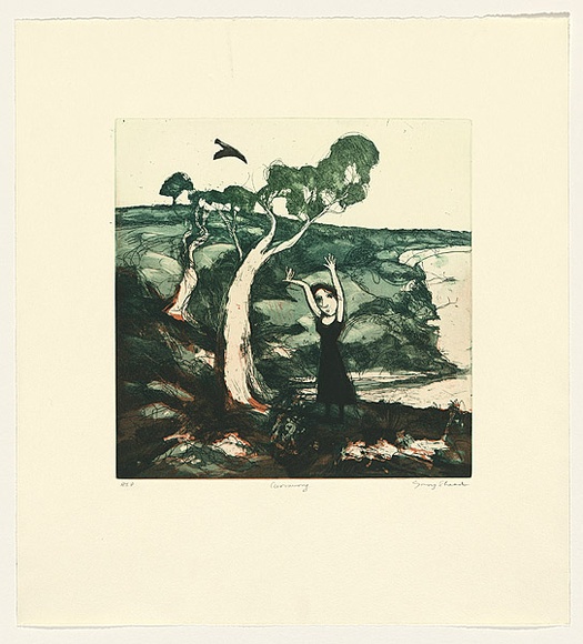 Artist: b'Shead, Garry.' | Title: b'Currawong' | Date: 1991-94 | Technique: b'etching and aquatint, printed in green and brown inks, from two plates' | Copyright: b'\xc2\xa9 Garry Shead' Artist: b'Shead, Garry.' | Title: b'Currawong' | Date: 1991-94 | Technique: b'etching and aquatint, printed in green and brown inks, from two plates' | Copyright: b'\xc2\xa9 Garry Shead'