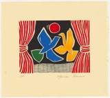 Artist: RENNIE, Marian | Title: Not titled [two birds and red sun framed by red curtains]. | Date: 1995 | Technique: screenprint, printed in colour, from seven stencils