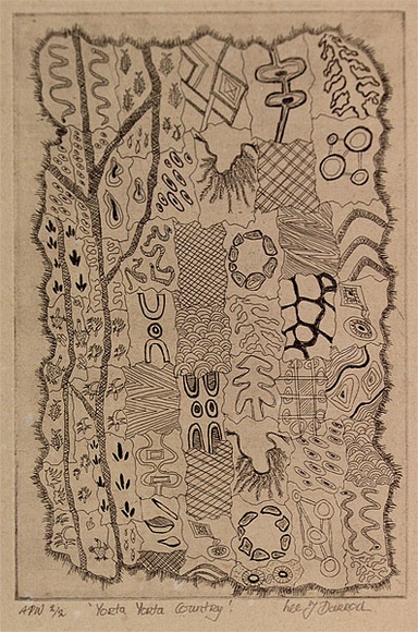 Artist: b'Darroch, Lee J.' | Title: b'Yorta Yorta country' | Date: 2000, December | Technique: b'etching, printed in black ink, from one plate' | Copyright: b'\xc2\xa9 Lee Darroch, artist' Artist: b'Darroch, Lee J.' | Title: b'Yorta Yorta country' | Date: 2000, December | Technique: b'etching, printed in black ink, from one plate' | Copyright: b'\xc2\xa9 Lee Darroch, artist'