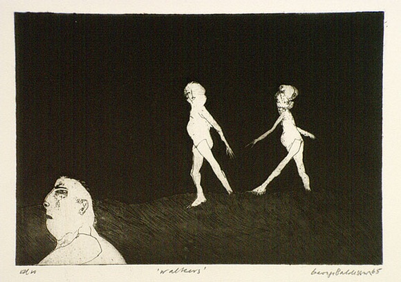 Artist: b'BALDESSIN, George' | Title: b'Walkers.' | Date: 1965 | Technique: b'etching and aquatint, printed in black ink, from one plate' Artist: b'BALDESSIN, George' | Title: b'Walkers.' | Date: 1965 | Technique: b'etching and aquatint, printed in black ink, from one plate'