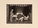 Artist: LINDSAY, Lionel | Title: Morning tea | Date: 1924 | Technique: wood-engraving, printed in black ink, from one block | Copyright: Courtesy of the National Library of Australia