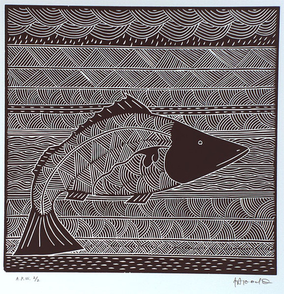 Artist: b'Nargoodah, John.' | Title: b'Fish' | Date: 1999, September | Technique: b'linocut, printed in black ink, from one block' Artist: b'Nargoodah, John.' | Title: b'Fish' | Date: 1999, September | Technique: b'linocut, printed in black ink, from one block'