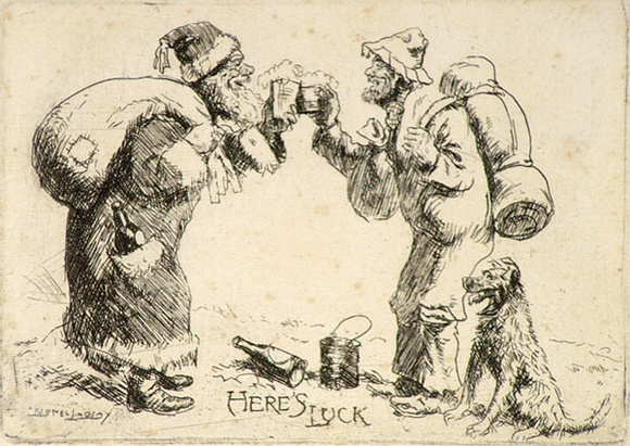 Artist: b'LINDSAY, Lionel' | Title: bGreeting card: Here's luck | Date: 1954 | Technique: b'etching, printed in black ink, from one plate' | Copyright: b'Courtesy of the National Library of Australia' Artist: b'LINDSAY, Lionel' | Title: bGreeting card: Here's luck | Date: 1954 | Technique: b'etching, printed in black ink, from one plate' | Copyright: b'Courtesy of the National Library of Australia'
