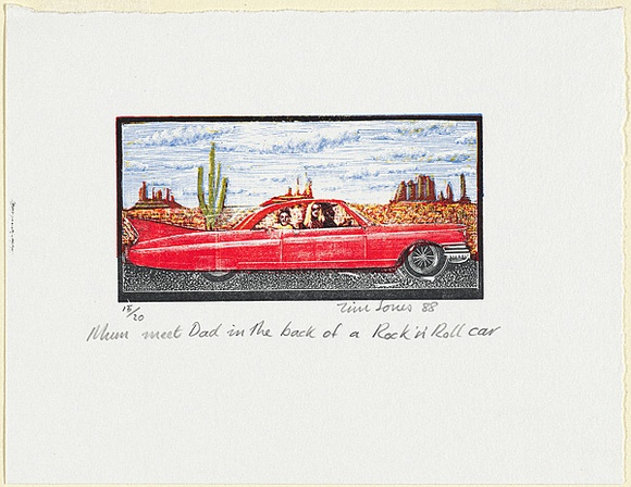 Artist: b'Jones, Tim.' | Title: bMum met Dad in the back of a Rock'n Roll car | Date: 1988 | Technique: b'wood-engraving, printed in colour, from four blocks' Artist: b'Jones, Tim.' | Title: bMum met Dad in the back of a Rock'n Roll car | Date: 1988 | Technique: b'wood-engraving, printed in colour, from four blocks'