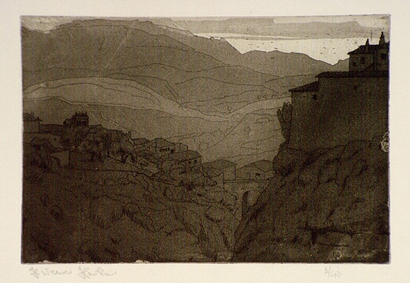 Artist: b'Hawkins, Weaver.' | Title: b'Ronda No.1' | Date: 1920 | Technique: b'drypoint and aquatint, printed in brown ink, from one plate' | Copyright: b'The Estate of H.F Weaver Hawkins' Artist: b'Hawkins, Weaver.' | Title: b'Ronda No.1' | Date: 1920 | Technique: b'drypoint and aquatint, printed in brown ink, from one plate' | Copyright: b'The Estate of H.F Weaver Hawkins'