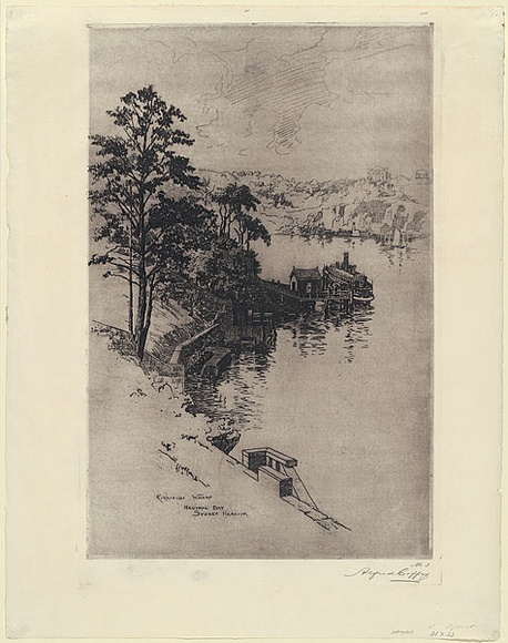 Artist: b'Coffey, Alfred.' | Title: b'Kirribilli Wharf, Neutral Bay, Sydney Harbour.' | Date: 1914 | Technique: b'etching and aquatint, printed in black ink with plate-tone, from one plate' Artist: b'Coffey, Alfred.' | Title: b'Kirribilli Wharf, Neutral Bay, Sydney Harbour.' | Date: 1914 | Technique: b'etching and aquatint, printed in black ink with plate-tone, from one plate'
