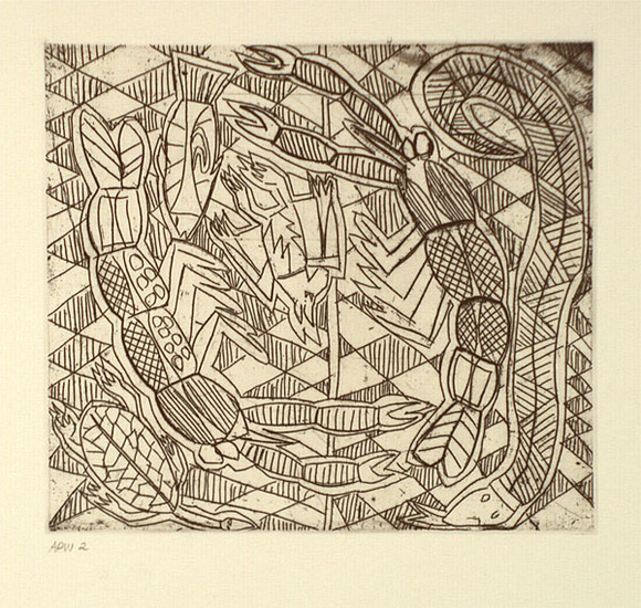 Artist: b'Green, Eddie.' | Title: b'Jrrrimbah, bat, snake and turtle' | Date: 1994, October - November | Technique: b'etching, printed in black ink, from one plate' Artist: b'Green, Eddie.' | Title: b'Jrrrimbah, bat, snake and turtle' | Date: 1994, October - November | Technique: b'etching, printed in black ink, from one plate'