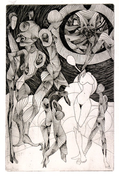Artist: b'SHOMALY, Alberr' | Title: b'Man and universe' | Date: 1968 | Technique: b'engraving, printed in black ink, from one plate' Artist: b'SHOMALY, Alberr' | Title: b'Man and universe' | Date: 1968 | Technique: b'engraving, printed in black ink, from one plate'