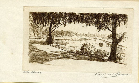 Artist: b'Shaw, Gayfield.' | Title: b'The River.' | Date: 1936 | Technique: b'etching, printed in brown ink , from one plate' Artist: b'Shaw, Gayfield.' | Title: b'The River.' | Date: 1936 | Technique: b'etching, printed in brown ink , from one plate'