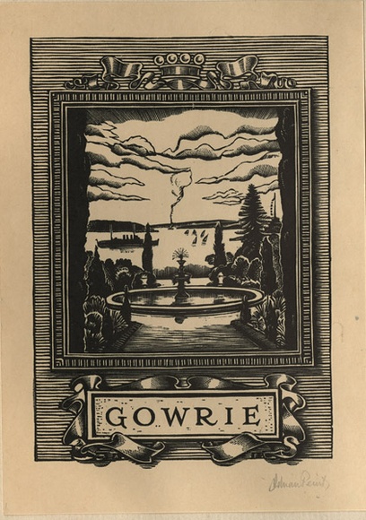 Artist: b'FEINT, Adrian' | Title: b'Bookplate: Gowrie.' | Date: (1936) | Technique: b'wood-engraving, printed in black ink, from one block' | Copyright: b'Courtesy the Estate of Adrian Feint' Artist: b'FEINT, Adrian' | Title: b'Bookplate: Gowrie.' | Date: (1936) | Technique: b'wood-engraving, printed in black ink, from one block' | Copyright: b'Courtesy the Estate of Adrian Feint'