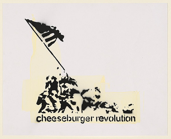 Artist: b'Stark, Al.' | Title: b'Cheeseburger revolution.' | Date: 2004 | Technique: b'stencil, printed in black ink, from one stencil; white painted background' Artist: b'Stark, Al.' | Title: b'Cheeseburger revolution.' | Date: 2004 | Technique: b'stencil, printed in black ink, from one stencil; white painted background'