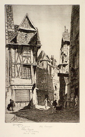 Artist: b'LINDSAY, Lionel' | Title: b'In Old Saumur' | Date: 1944 | Technique: b'etching, printed in black ink with plate-tone, from one plate' | Copyright: b'Courtesy of the National Library of Australia' Artist: b'LINDSAY, Lionel' | Title: b'In Old Saumur' | Date: 1944 | Technique: b'etching, printed in black ink with plate-tone, from one plate' | Copyright: b'Courtesy of the National Library of Australia'