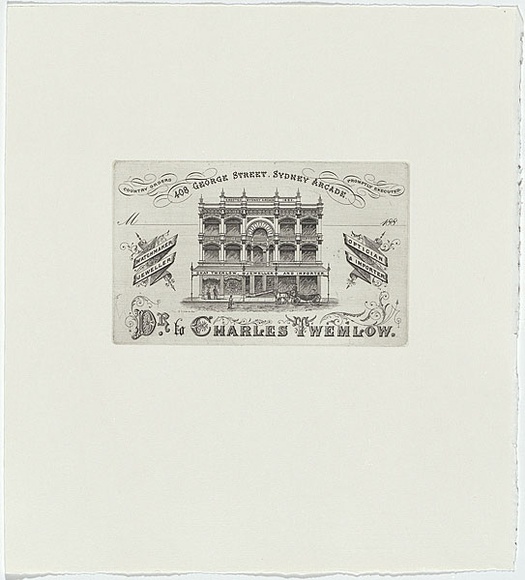 Artist: b'UNKNOWN' | Title: b'Trade card: Charles Twemlow, Jeweller and importer, Sydney.' | Date: c.1880 | Technique: b'engraving, printed in black ink, from one copper plate' Artist: b'UNKNOWN' | Title: b'Trade card: Charles Twemlow, Jeweller and importer, Sydney.' | Date: c.1880 | Technique: b'engraving, printed in black ink, from one copper plate'