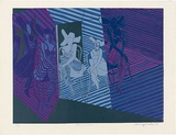 Artist: b'WALKER, Murray' | Title: b'Karen and mirrors.' | Date: 1969 | Technique: b'linocut, printed in colour, from multiple blocks'