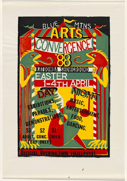 Artist: b'UNKNOWN' | Title: b'Blue Mountains arts convergence' | Date: 1988 | Technique: b'screenprint, printed in colour, from multiple stencils' Artist: b'UNKNOWN' | Title: b'Blue Mountains arts convergence' | Date: 1988 | Technique: b'screenprint, printed in colour, from multiple stencils'
