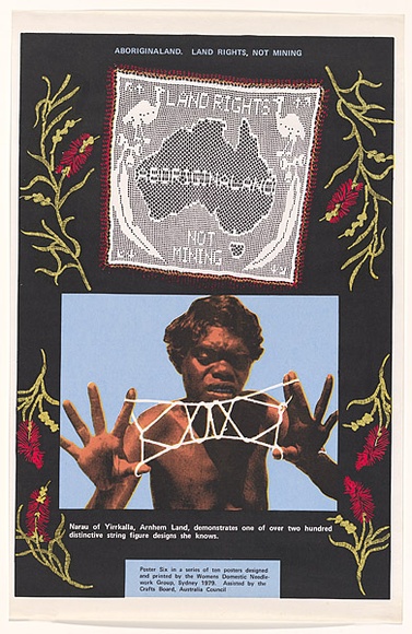 Artist: bWomen's Domestic Needlework Group. | Title: b'Aboriginaland. Land rights, not mining' | Date: 1979 | Technique: b'screenprint, printed in colour, from multiple stencils' Artist: bWomen's Domestic Needlework Group. | Title: b'Aboriginaland. Land rights, not mining' | Date: 1979 | Technique: b'screenprint, printed in colour, from multiple stencils'