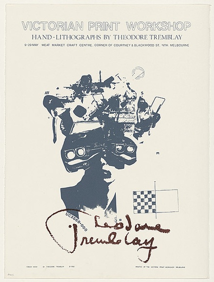 Artist: b'Tremblay, Theo.' | Title: b'Crash mask [Victorian Print Workshop Poster]' | Date: 1982 | Technique: b'offset-lithograph, printed in colour, from two stones'