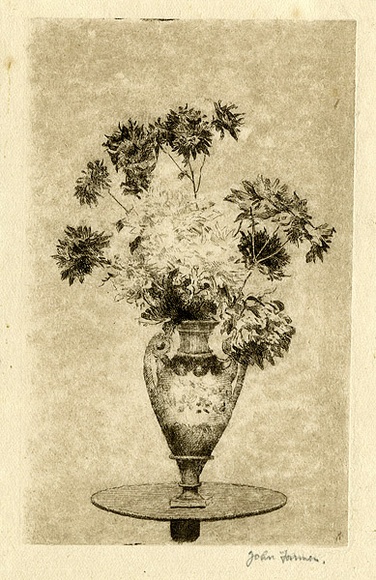 Artist: b'Farmer, John.' | Title: b'Chrysanthemums in a vase.' | Date: (1950s) | Technique: b'etching, printed in brown ink with plate-tone, from one plate' Artist: b'Farmer, John.' | Title: b'Chrysanthemums in a vase.' | Date: (1950s) | Technique: b'etching, printed in brown ink with plate-tone, from one plate'