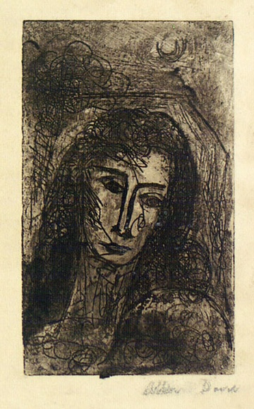 Artist: b'David, Allen.' | Title: b'(Head of a woman).' | Date: (1955) | Technique: b'etching, printed in brown ink with plate-tone, from one plate' Artist: b'David, Allen.' | Title: b'(Head of a woman).' | Date: (1955) | Technique: b'etching, printed in brown ink with plate-tone, from one plate'