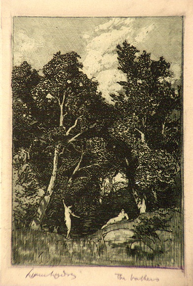 Artist: b'LINDSAY, Lionel' | Title: b'The bathers' | Date: 1917 | Technique: b'etching, roulette, aquatint, printed in green-black ink, from one plate' | Copyright: b'Courtesy of the National Library of Australia' Artist: b'LINDSAY, Lionel' | Title: b'The bathers' | Date: 1917 | Technique: b'etching, roulette, aquatint, printed in green-black ink, from one plate' | Copyright: b'Courtesy of the National Library of Australia'