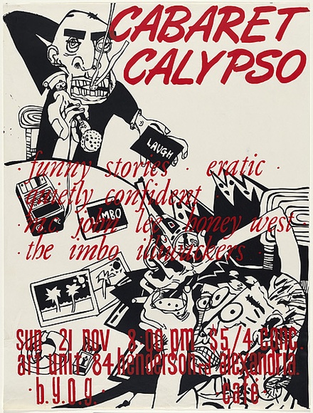 Artist: b'Yates, Jill.' | Title: b'Poster: Cabaret calypso' | Date: 1985 | Technique: b'screenprint, printed in colour, from two stencils' | Copyright: b'\xc2\xa9 Hugh Ramage' Artist: b'Yates, Jill.' | Title: b'Poster: Cabaret calypso' | Date: 1985 | Technique: b'screenprint, printed in colour, from two stencils' | Copyright: b'\xc2\xa9 Hugh Ramage'