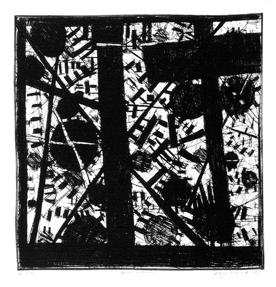 Artist: b'Kemp, Roger.' | Title: b'Sequence four' | Date: 1972 | Technique: b'etching, printed in black ink, from one zinc plate' Artist: b'Kemp, Roger.' | Title: b'Sequence four' | Date: 1972 | Technique: b'etching, printed in black ink, from one zinc plate'