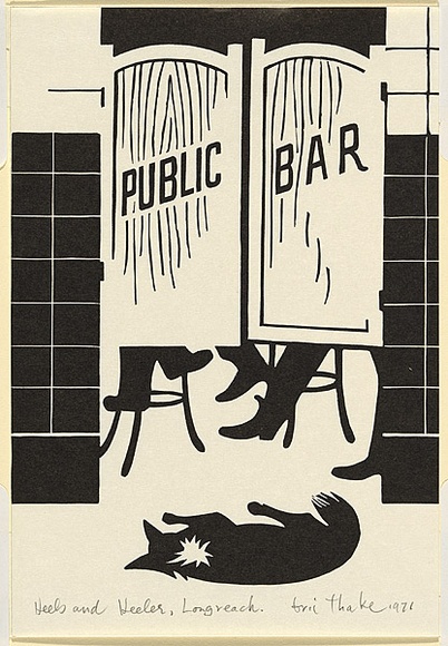Artist: b'Thake, Eric.' | Title: b'Greeting card: Christmas, Heels and Heeler, Longreach' | Date: 1971 | Technique: b'linocut, printed in black ink, from one block' Artist: b'Thake, Eric.' | Title: b'Greeting card: Christmas, Heels and Heeler, Longreach' | Date: 1971 | Technique: b'linocut, printed in black ink, from one block'
