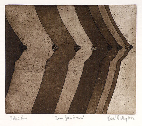 Artist: b'Hadley, Basil.' | Title: b'Army girls brown' | Date: 1982 | Technique: b'etching and aquatint, printed in brown ink, from one plate' Artist: b'Hadley, Basil.' | Title: b'Army girls brown' | Date: 1982 | Technique: b'etching and aquatint, printed in brown ink, from one plate'