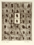 Artist: Partos, Paul. | Title: not titled [grid of mid-tone greys with dark ovals in centre and two light central squares] | Date: 1986, March - April | Technique: etching, burnished aquatint, roulette and drypoint, printed in black ink, from one plate