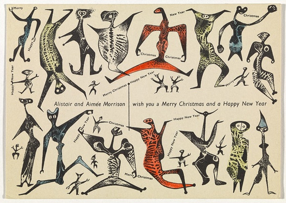 Artist: b'Morrison, Alistair.' | Title: b'Christmas card, from Alistair and Aimee Morrison to Douglas Annand' | Date: 1950s | Technique: b'lithograph, printed in colour, from multiple plates' Artist: b'Morrison, Alistair.' | Title: b'Christmas card, from Alistair and Aimee Morrison to Douglas Annand' | Date: 1950s | Technique: b'lithograph, printed in colour, from multiple plates'