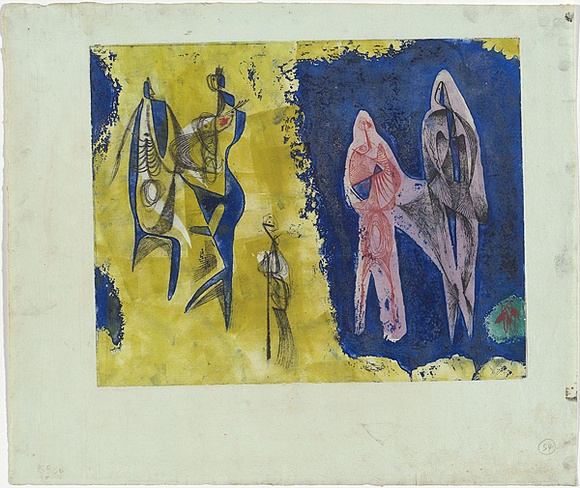 Artist: b'Gould, Strom.' | Title: b'not titled' | Date: c.1960 | Technique: b'etching, deep etch printed intaglio and relief in colour from two plates' Artist: b'Gould, Strom.' | Title: b'not titled' | Date: c.1960 | Technique: b'etching, deep etch printed intaglio and relief in colour from two plates'