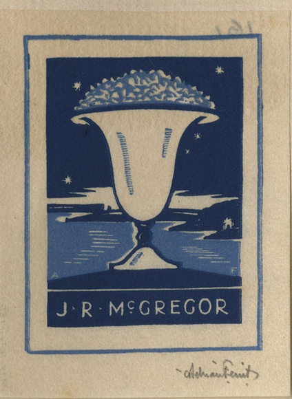 Artist: b'FEINT, Adrian' | Title: b'Bookplate: J.R. McGregor.' | Date: (1935) | Technique: b'wood-engraving, printed in colour, from two blocks in dark and light blue inks' | Copyright: b'Courtesy the Estate of Adrian Feint' Artist: b'FEINT, Adrian' | Title: b'Bookplate: J.R. McGregor.' | Date: (1935) | Technique: b'wood-engraving, printed in colour, from two blocks in dark and light blue inks' | Copyright: b'Courtesy the Estate of Adrian Feint'