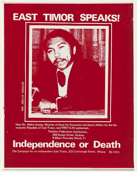 Artist: b'EARTHWORKS POSTER COLLECTIVE' | Title: b'East Timor speaks!' | Date: 1976 | Technique: b'screenprint, printed in red ink, from one stencil' Artist: b'EARTHWORKS POSTER COLLECTIVE' | Title: b'East Timor speaks!' | Date: 1976 | Technique: b'screenprint, printed in red ink, from one stencil'