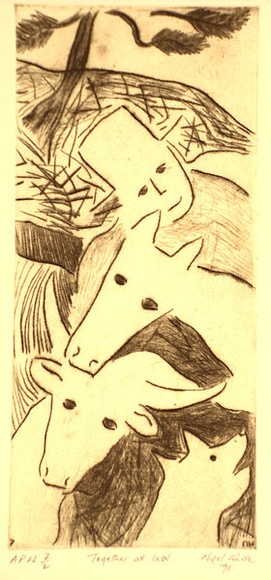 Artist: b'White, Nigel.' | Title: b'Together at last' | Date: 1991 | Technique: b'drypoint, printed in sepia ink, from one plate' Artist: b'White, Nigel.' | Title: b'Together at last' | Date: 1991 | Technique: b'drypoint, printed in sepia ink, from one plate'
