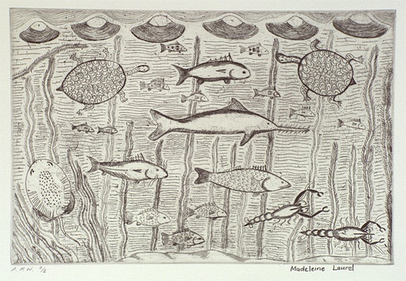 Artist: b'Laurel, Madeleine Yangkana.' | Title: b'Kuyi martuwarra-karraji' | Date: 2001, August - September | Technique: b'etching, printed in black ink, from one plate' Artist: b'Laurel, Madeleine Yangkana.' | Title: b'Kuyi martuwarra-karraji' | Date: 2001, August - September | Technique: b'etching, printed in black ink, from one plate'
