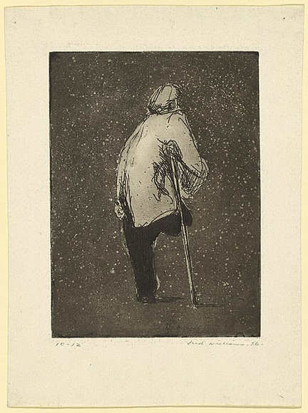 Artist: b'WILLIAMS, Fred' | Title: b'One legged man' | Date: 1954-55 | Technique: b'etching, deep etch, aquatint and engraving, printed in black ink, from one zinc plate' | Copyright: b'\xc2\xa9 Fred Williams Estate' Artist: b'WILLIAMS, Fred' | Title: b'One legged man' | Date: 1954-55 | Technique: b'etching, deep etch, aquatint and engraving, printed in black ink, from one zinc plate' | Copyright: b'\xc2\xa9 Fred Williams Estate'